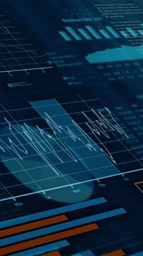 sheets with numbers and financial charts scrolling on screen, concept of business and finance, vertical video (3d render)