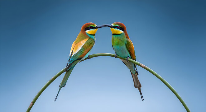 Two vibrant european bee eaters perched on curved green stem against blue clear sky background together