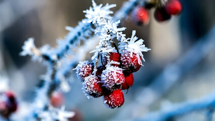 Red berries covered in white frost crystals on frozen branch during cold winter morning with soft blurred blue background showing beauty of nature in icy weather