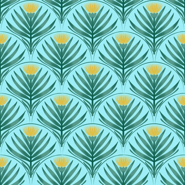 Art deco style seamless pattern with geometric florals and scallops. Decorative design for wallpaper, fabric, and wrapping paper.