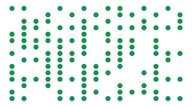 Minimalist white background with green digital dots randomly appearing and disappearing, ideal for abstract motion graphics, data visualization, and tech design projects.