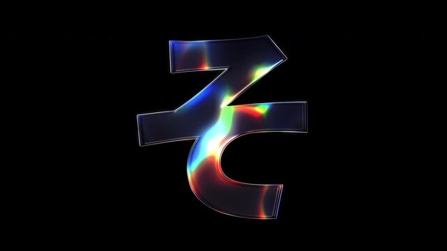A Japanese Hiragana "そ" with various colors of light sparkling on its glass-like surface with alpha channel. Seamless loop video.