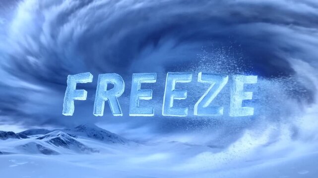 Icy vortex transforming text in winter storm sequence