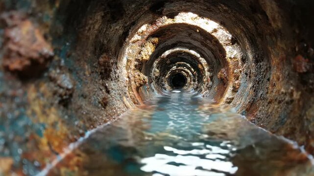 Rusty walls of a drainage tunnel showcase water flowing steadily. The dim light reveals textures and the circular shapes that create an eerie yet fascinating view of the underground.