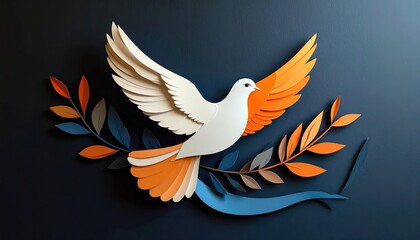 Fototapeta premium Stylized white dove with orange wings carrying olive branch symbolizing peace and hope.
