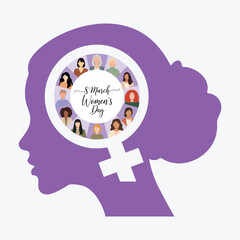 Purple silhouette of a woman's head with a white female symbol and a circle of diverse faces for international women's day