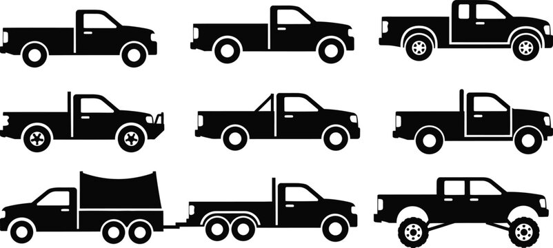 Silhouette of various pickup trucks and a truck with trailer in different poses on white background