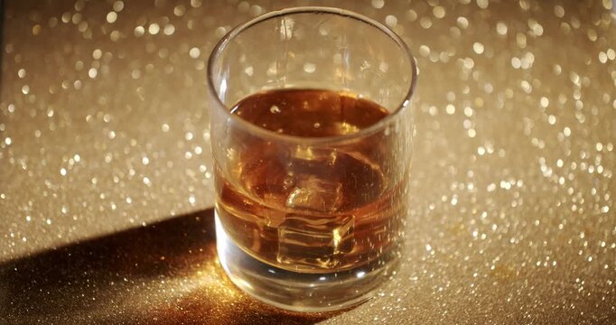Golden whiskey swirling with ice cubes in a rocks glass, filmed in slow motion and isolated on a golden background. Golden whiskey glass with ice cubes stirring on a sparkling background