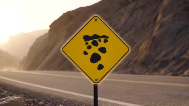 Road warning sign on desert highway at sunrise with dusty mountain scenery