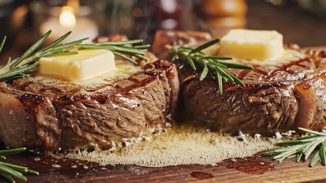 Two juicy ribeye steaks sizzling with melting butter and fresh rosemary on