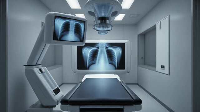 Modern x ray room with scanner and monitors showing medical equipment in use for patient imaging and diagnosis