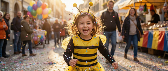 Obraz premium Girl in bee costume running during festive street parade. children dressed as funny characters on street carnival with confetti. Celebration Wallpaper, poster.