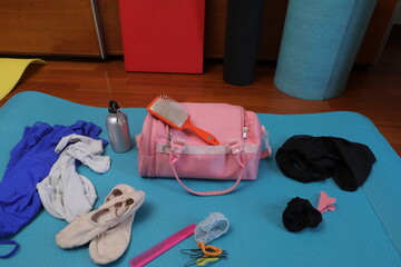 Ballet or dance practice preparation with equipment and accessories