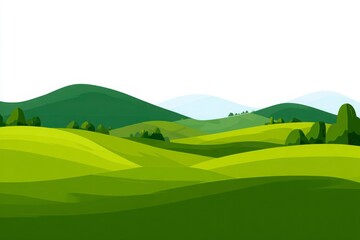 Vast green hills and valleys under a clear blue sky with distant mountains