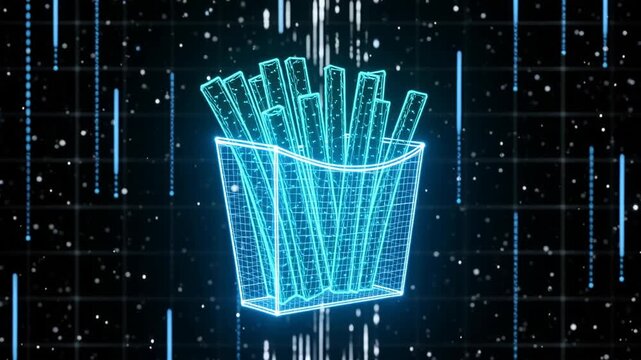 Futuristic neon fries design with digital rain effect in a dark background, showcasing a vibrant blue color palette