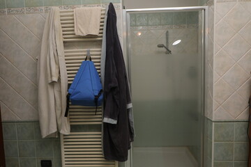 Bathroom interior with bathrobes, backpack, towel warmer, shower