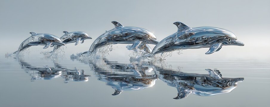 Floating swimming dolphins made of liquid chrome