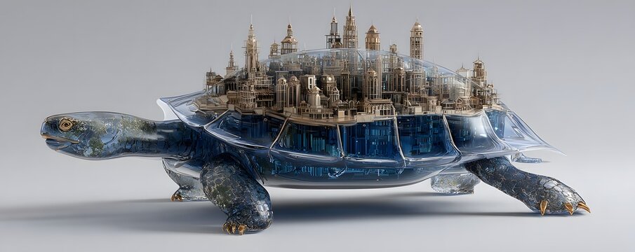 A city built on the back of a giant turtle made of glass
