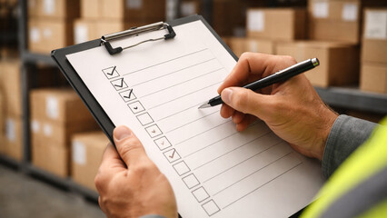 warehouse inventory check with clipboard and hand marking checklist