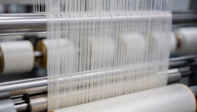 Medium shot of nylon filament yarn spinning focusing on the smooth fine continuous filaments drawn from meltspun nylon for highquality apparel fabric production.
