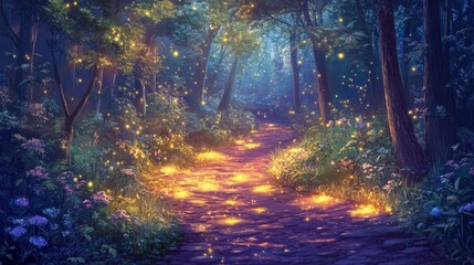 Obraz premium Enchanting forest path illuminated by glowing fireflies at dusk