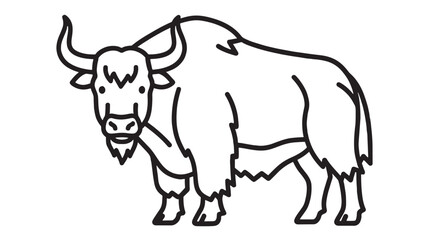 Fototapeta premium Yak line art icon with horned shaggy bovine outline in simple black stroke, cute cartoon farm animal symbol isolated on white background for logo and coloring
