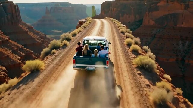 Group of friends riding in the back of a pickup truck on a dirt road amidst red rock formations in a canyon during sunny weather