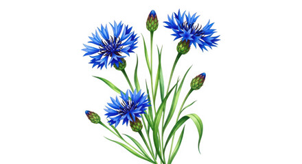 Fototapeta premium Vibrant blue cornflowers with green stems and leaves isolated on transparent background