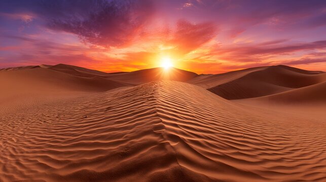 Desert Sunset: The sun dips below the horizon, painting the desert sky with hues of fire, casting a warm glow over rolling sand dunes. A symphony of color and texture as day surrenders to night.