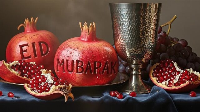 Still life with pomegranates and a silver goblet, Eid Mubarak celebration, festive table setting.