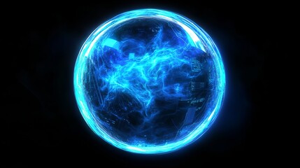 Glowing blue energy sphere with electric patterns in dark space
