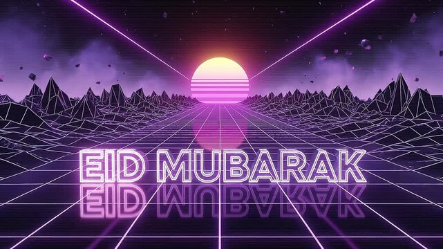 Eid Mubarak Retro Synthwave Greeting with Neon Text and Grid Landscape.