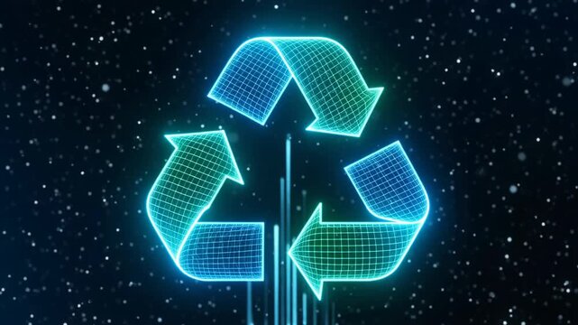 Illuminated digital recycling symbol in green and blue colors on a starry background, emphasizing sustainability and technology