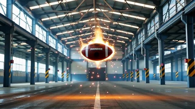An illuminated football surrounded by sparks in a spacious industrial warehouse environment