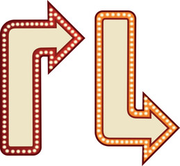 Vintage marquee arrow signs with light bulbs and directional pointers. © Lola