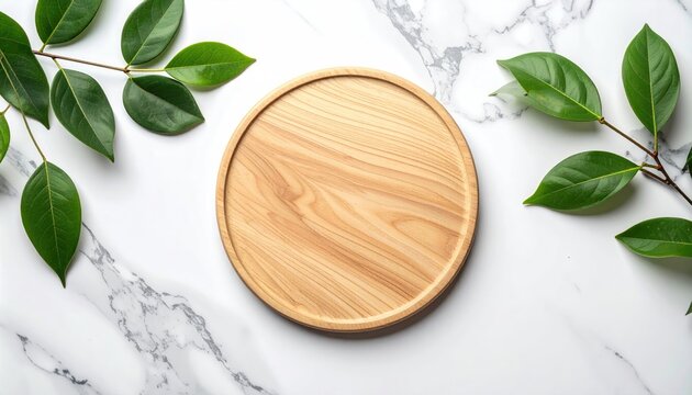 Empty round wooden board surrounded by fresh green leaves on a marble surface.