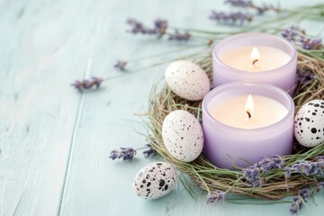 Lavender Easter Candles with Speckled Eggs Rustic Spring Decor