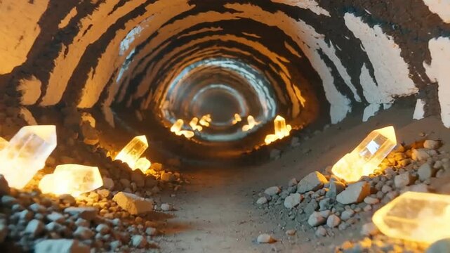 Illuminated tunnel featuring sparkling crystals along the ground and textured walls, creating an enchanting atmosphere