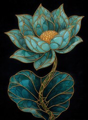 Intricate blue lotus flower with golden details on a black background