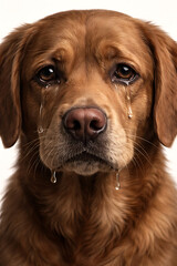 Brown dog crying with tears on a white background close up