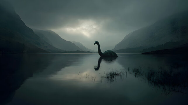 Loch Ness monster in a dark night / Nessi monster / cryptozoology character