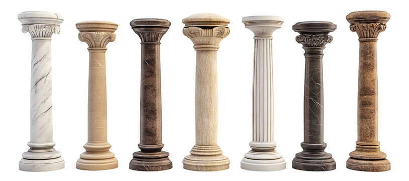 Collection of classical marble columns, isolated on transparent cutout