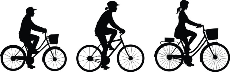 Obraz premium Silhouette collection of cyclists riding bicycles in different styles and postures, featuring baskets and containers, showcasing transportation, recreation, fitness, and lifestyle concepts.