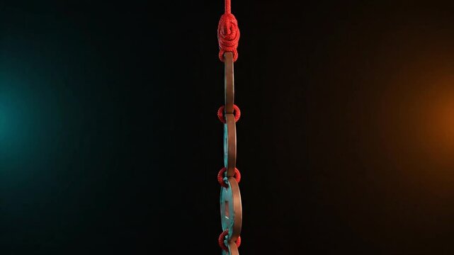 3D Animation of Feng Shui Lucky Coins Rotating on Red String with Ornamental Knot for Wealth and Prosperity, Chinese New Year Talisman on Dark Background