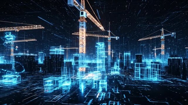 Digital Metropolis: Futuristic construction site, showcasing the synergy of technology and urban development, represented through a captivating display of digital blueprints and cranes.