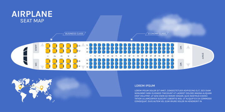 Airplane Flight Seat Map, Flat Aircraft Interior Seating Plan Top View with Business and Economy Class Vector Illustration
