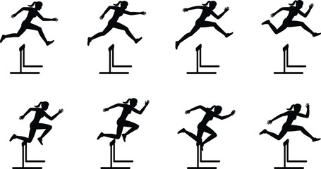 Silhouette sequence of athletes performing hurdle jumps in dynamic motion stages including approach, takeoff, mid-air, and landing showcasing sports training, biomechanics, and athletic performance.