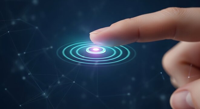 A finger touches a glowing blue concentric circle interface on a dark blue network background