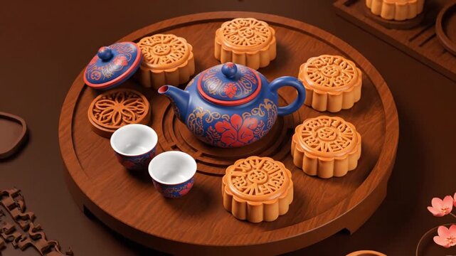 Traditional Chinese Mid-Autumn Festival Mooncakes with Blue Floral Teapot and Tea Cups on Wooden Tray