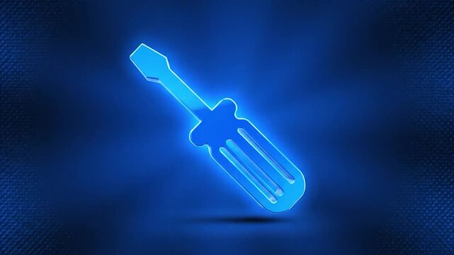 A vibrant blue screwdriver icon rotates and glows on a dark textured background.